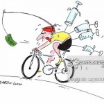 Professional cyclist exhausted with syringes sticking out of him chasing money dangled infront of him
